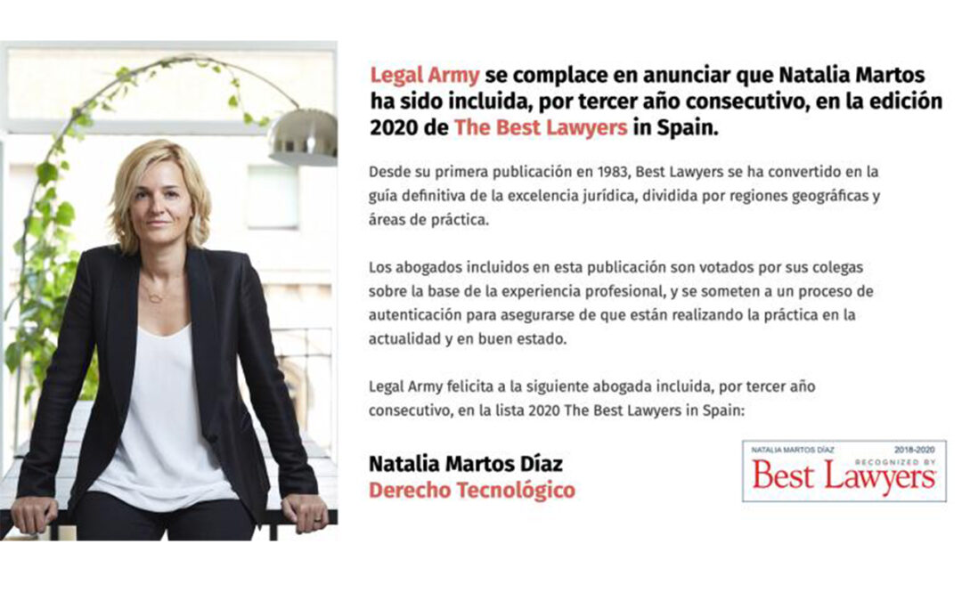Natalia Martos Díaz has been included, for the third consecutive year, in the 2020 Edition of The Best Lawyers in Spain.