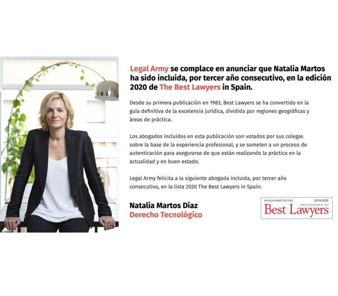 Natalia Martos Díaz has been included, for the third consecutive year, in the 2020 Edition of The Best Lawyers in Spain.